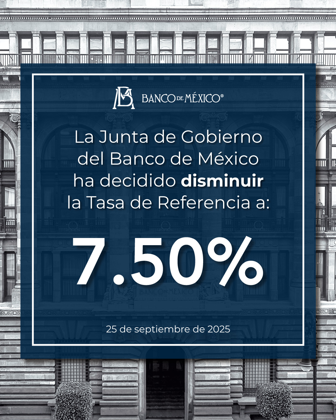 Banco de México reduce tasa de interés interbancaria a 7.50%