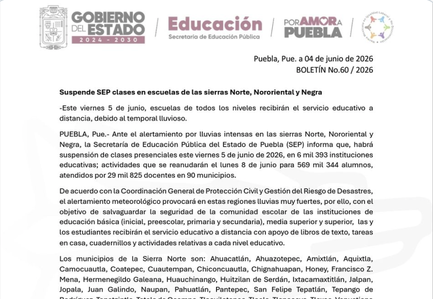 SEP Puebla ordena suspensión masiva de clases este viernes 5 de junio por lluvias intensas en 90 municipios