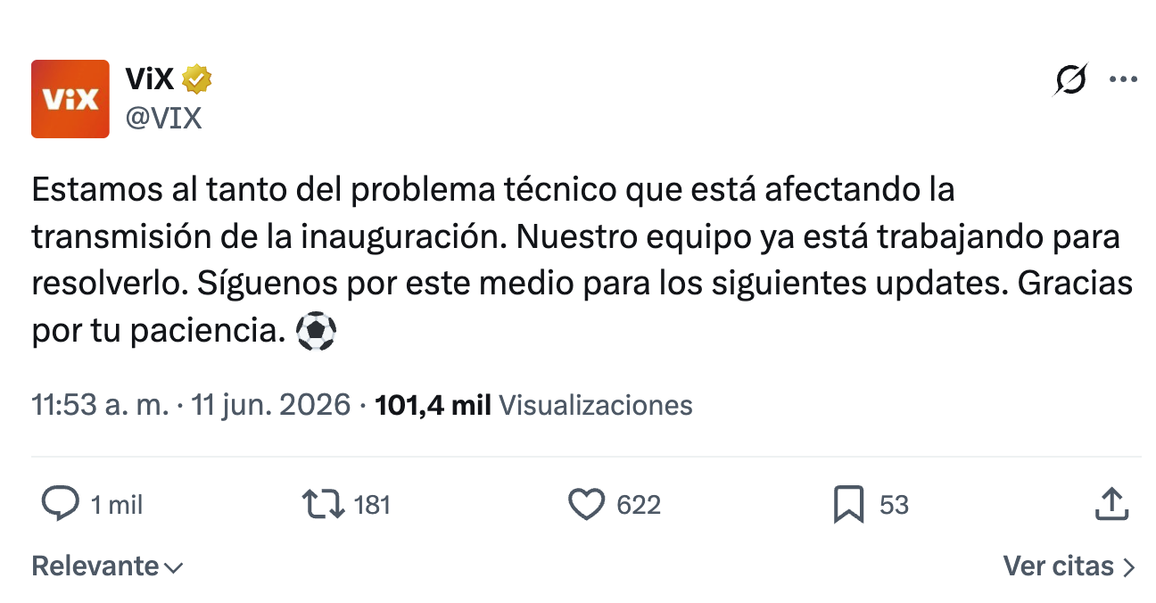 VIX colapsa en la inauguración del Mundial 2026 y usuarios pierden el arranque del torneo