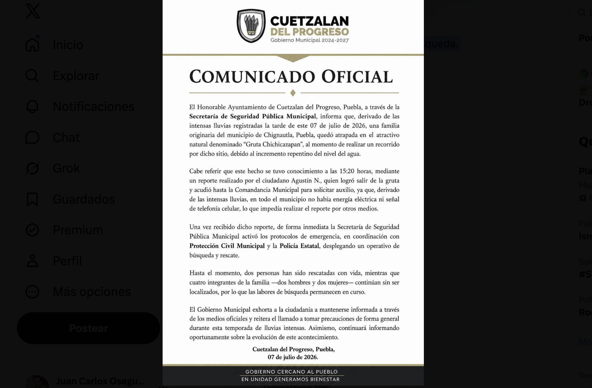 Tragedia en Cuetzalan: cuatro desaparecidos tras quedar atrapados en gruta por crecida de agua